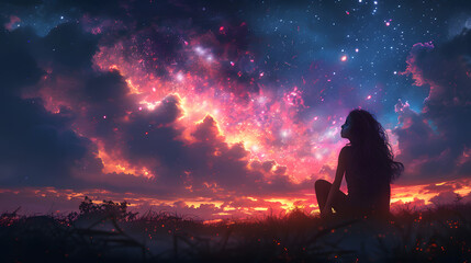 Anime girl stargazing. Cute girl looking at the night sky. Atmospheric, moody feeling. Manga, lofi style. Sad beautiful background. 4K night. With clouds and stars.