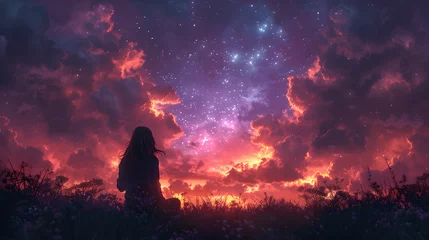 Fotobehang Anime girl stargazing. Cute girl looking at the night sky. Atmospheric, moody feeling. Manga, lofi style. Sad beautiful background. 4K night. With clouds and stars. © Jan