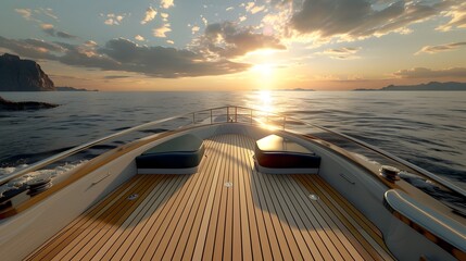 Tranquil Sunset Cruise on a Pristine Lake Aboard a Luxurious Cabin Cruiser with Stunning Reflective Dock and Picturesque Landscape - obrazy, fototapety, plakaty