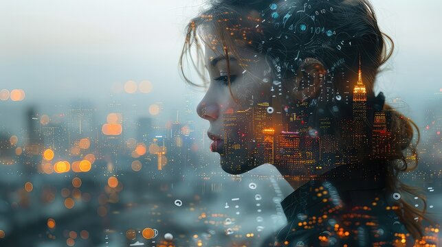 Double exposure abstract portrait of a cute young woman digital transformation concept