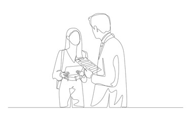 Continuous one line drawing of young lady handing job application form to businessman, job application concept, single line art.