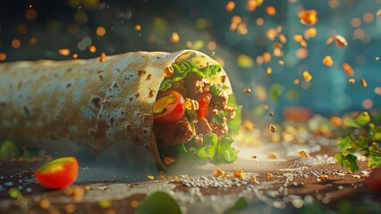A delectable wrap filled with spicy seasoned meat and fresh vegetables - obrazy, fototapety, plakaty