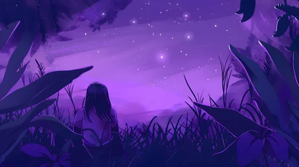 Rollo Anime girl stargazing. Cute girl looking at the night sky. Atmospheric, moody feeling. Manga, lofi style. Sad beautiful background. 4K night. With clouds and stars. © Jan