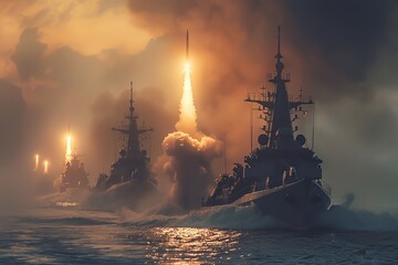 An image capturing the intensity and precision of a special navy mission as missiles are launched from war boats destroyers for strategic warfare purposes - obrazy, fototapety, plakaty