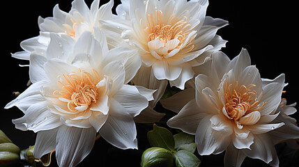 A close-up view of an elusive Queen of the Night Cactus flower, its intricate white blooms set against a deep black background