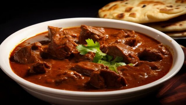 A bowl of red meat soup sits on a table next to a plate of flatbread