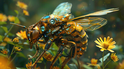 An  beautiful artificial bee robot replacing real bees in the process of gathering precious pollen from a yellow flowers. A futuristic robotic bee, designed for efficiency, becomes a mascot for modern