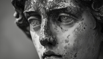 Classical black and white marble statue with weathered texture and dramatic lighting