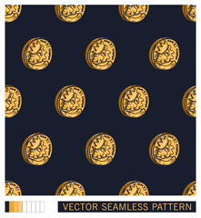 Gold ancient coins on a black background in a row. The back of a tails with the image of a king. Seamless pattern. Vector graphics