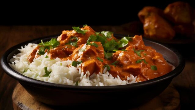 A bowl of red curry with rice and parsley