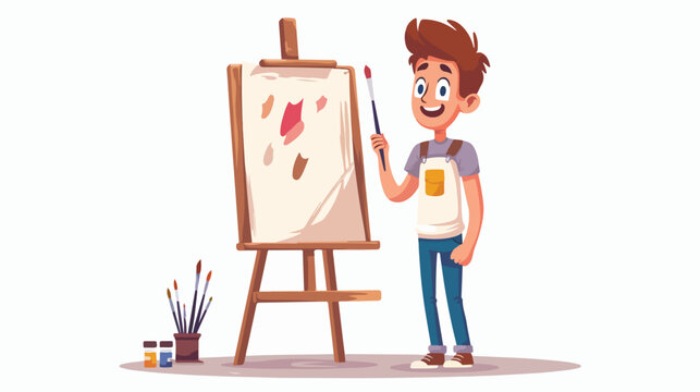 Cartoon boy painting on white background flat vector isolated