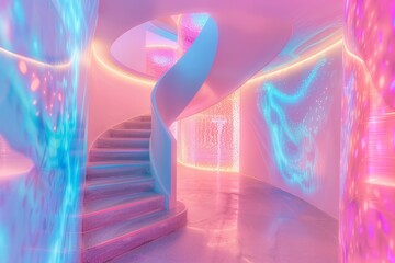 Here is a picture of a spiral staircase inside a futuristic interior design idea. The staircase is curved and lit with neon lights.