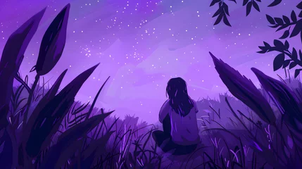 Fotobehang Anime girl stargazing. Cute girl looking at the night sky. Atmospheric, moody feeling. Manga, lofi style. Sad beautiful background. 4K night. With clouds and stars. © Jan