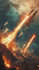 Illustrate the strategic brilliance of a generic military battalions defense system as they unleash a barrage of missiles during a high stakes special operation - obrazy, fototapety, plakaty