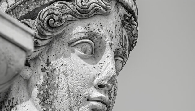Close-up high resolution monochrome image of a weathered ancient greek statue showing intricate details and texture in black and white