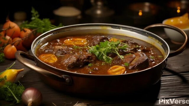 A large pot of stew with meat and vegetables, including carrots and celery