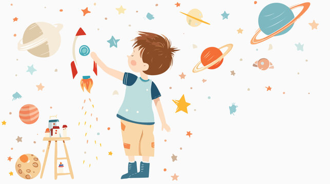 Cartoon Cute little boy painting rocket stars and plan