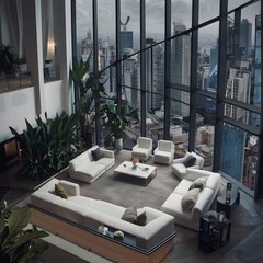 beautiful modern living room design by a architect in a apartment with view on the city 