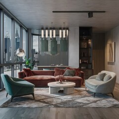 beautiful modern living room design by a architect in a apartment with view on the city 