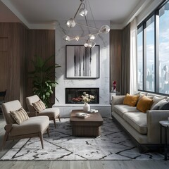 beautiful modern living room design by a architect in a apartment with view on the city 