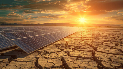 solar panels on the parched ground with sun bright in sky
