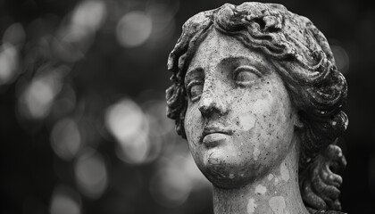 Close-up of a serene and contemplative classical black and white marble statue with sculpted facial features, curly hair, and a timeless expression - obrazy, fototapety, plakaty