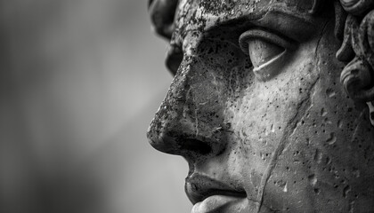 Detailed black and white close-up of an ancient statue's weathered face