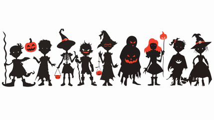 Cartoon Happy Halloween. Silhouettes of Children in Ha