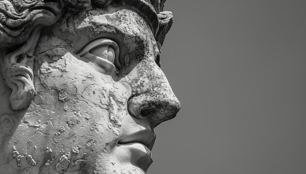 Detailed close-up of a monochrome ancient sculpture with weathered texture and artistic detail in a grayscale image