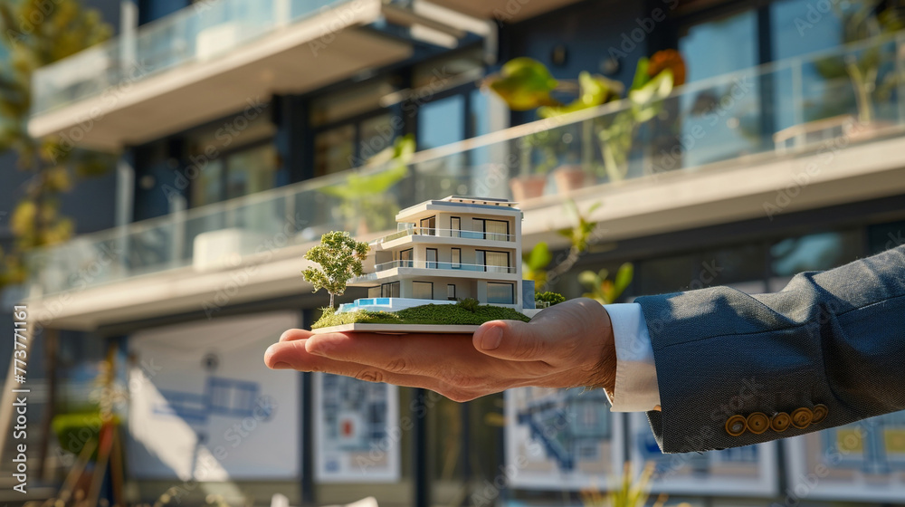 Canvas Prints A businessman outside a real estate office, holding a miniature luxury villa model, symbolizing success, luxury living, and the promise of a better life