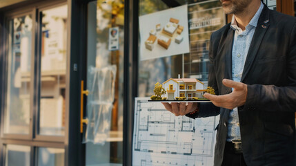 A businessman outside a real estate office, holding a miniature luxury villa model, symbolizing success - obrazy, fototapety, plakaty