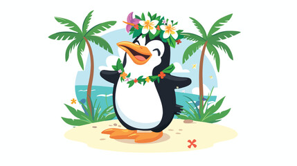 Cartoon Hawaii hula penguin in the tropical island flat