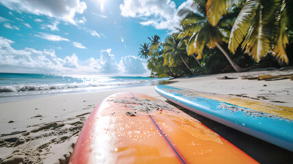 Surfboards on a tropical beach with palm trees and blue sky, minimal summer joy concept