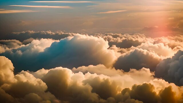 Warm sunlight streaming through a vast sea of clouds viewed from an aerial vantage point