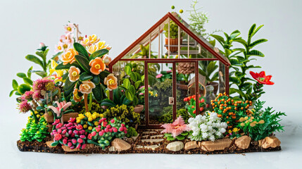 A 3D printed tiny greenhouse, complete with a variety of miniature plants and flowers, presented on a white background to highlight the beauty and intricacy of sustainable and self-sufficient living.
