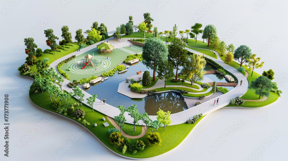 Wall mural A 3D printed model of a modern urban park, featuring jogging paths, ponds, and playgrounds, showcased on a white background to highlight green spaces in city living.