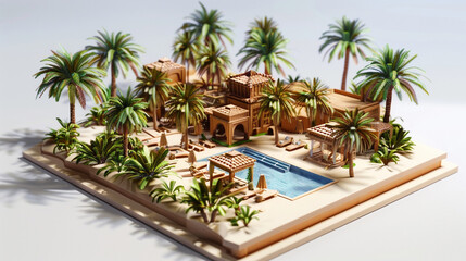 A 3D printed model of a desert oasis resort, with detailed palm trees, a luxury pool, and cabanas, showcased on a white background to capture an exotic retreat.