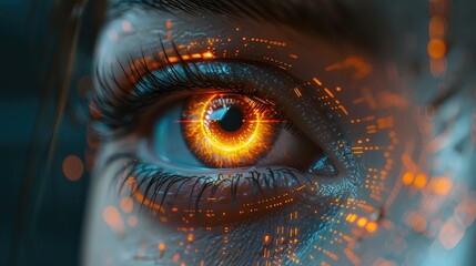 Close-up of a human eye with digital data overlay, concept of futuristic vision or cyber security.