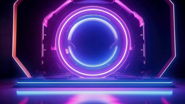 A neon colored space with a glowing circle in the center