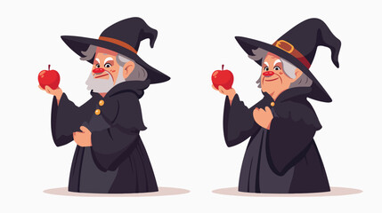Cartoon old witch holding red apple flat vector isolated