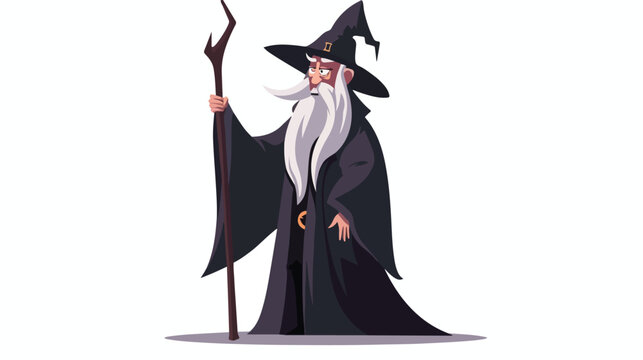 Cartoon old witch holding staff flat vector isolated o