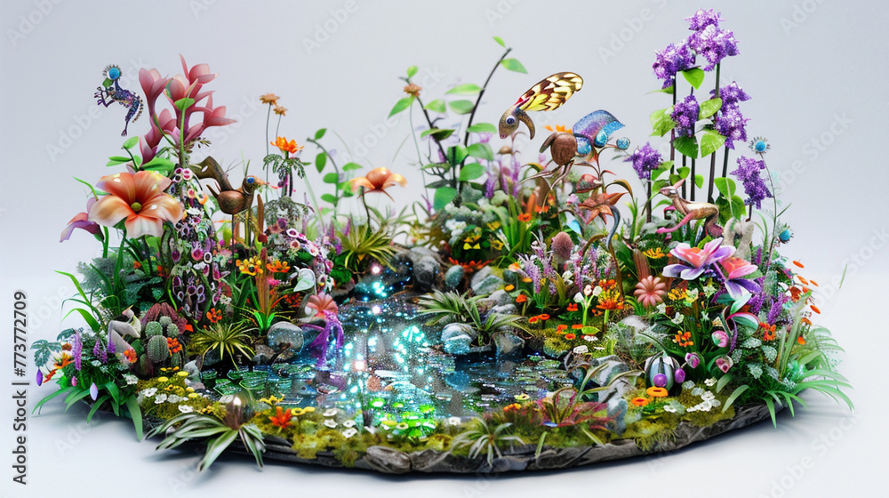 Poster a 3d miniature of an enchanted garden with mystical creatures, magical flowers, and a sparkling pond