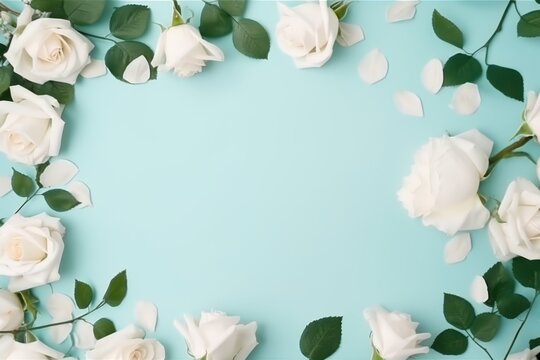 The white rectangular frame is placed on the background, surrounded by roses and flowers, creating an elegant minimalist composition. The top view of the photo highlights the delicate petals and leave