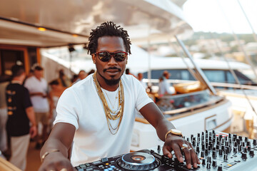 black man DJ mixing music on console mixer board at a luxury yacht party at sea in summer on...