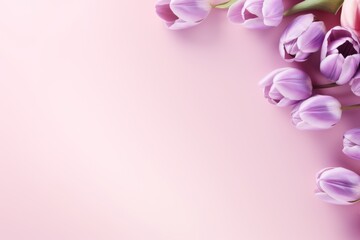 Fototapeta na wymiar Tulips flowers on a pastel pink background, in a flat lay, space for text, stock photo contest winner, high resolution, stock quality, high detail 