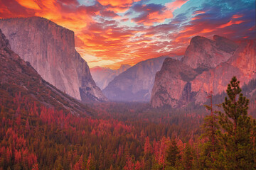 Tunnel View overlook at golden hour in Yosemite National Park. El Capitan and Half Dome at red...
