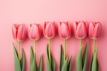 Tulips flowers on a pastel pink background, in a flat lay, space for text, stock photo contest winner, high resolution, stock quality, high detail 