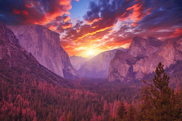 Magenta sunset in Yosemite National Park. El Capitan and Half Dome Tunnel View overlook in a pink sunset, golden hour. Summer american holidays. California, United States. - 773773706