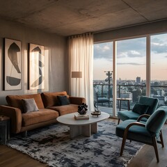 beautiful modern living room design by a architect in a apartment with view on the city 
