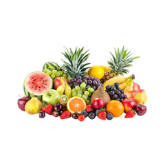 Naklejka na ściany i meble Fruit and vegetables, various types of fruit including watermelon, pineapple, oranges, apples, grapes and banana, melon, black turmeric root, red beans, fresh produce, bright colors, white background